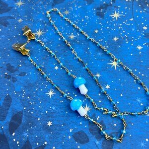 Blue and Gold Beaded Mushroom Statement Piece Glasses Chain Sunglasses Accessory